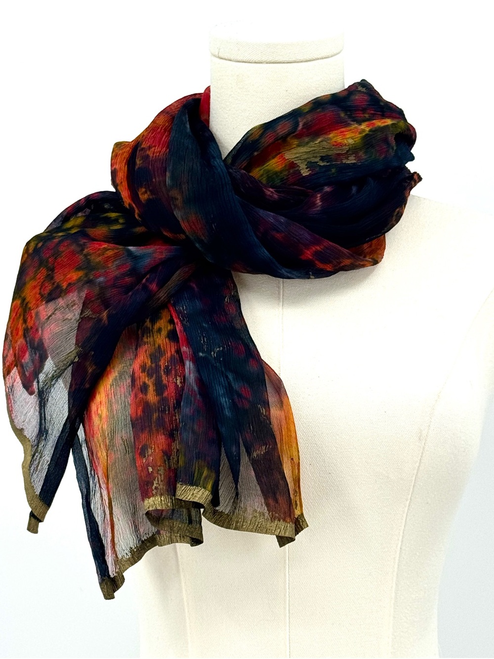 Vintage artisan crafted hand dyed silk shawl scarf black orange red gold